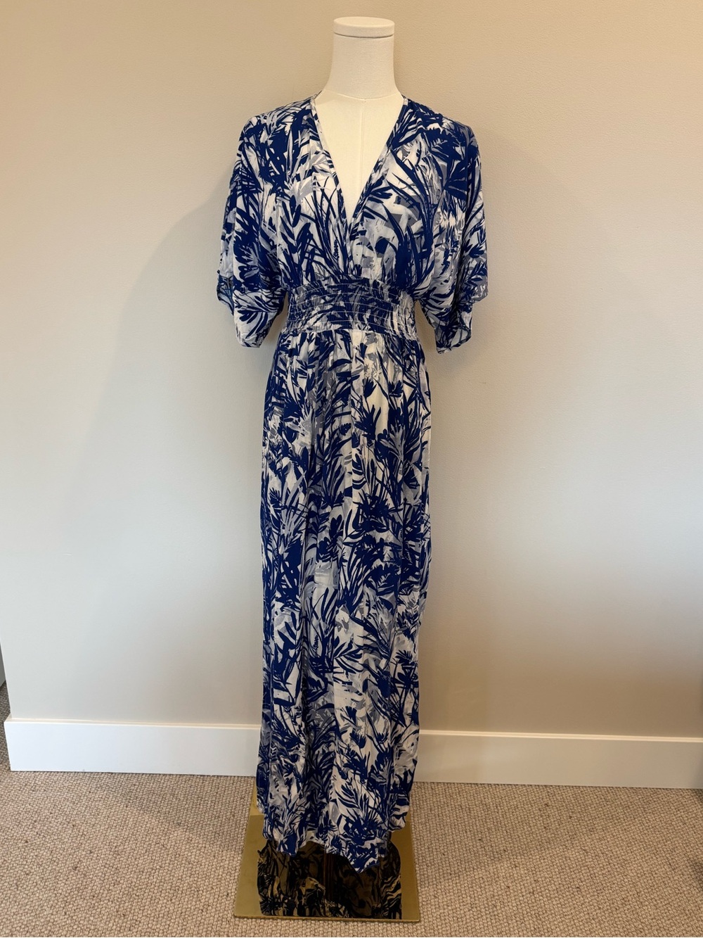 lovestitch Blue & White Botanical Print V-Neck Maxi Dress Swim Cover-up